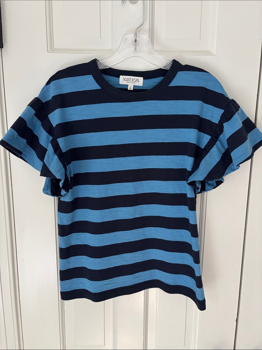 Women’s Nation Brand Blue & Navy Striped Ruffle Sleeve Tee